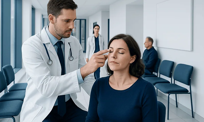 Doctor examining a woman's eye in a hospital corridor.