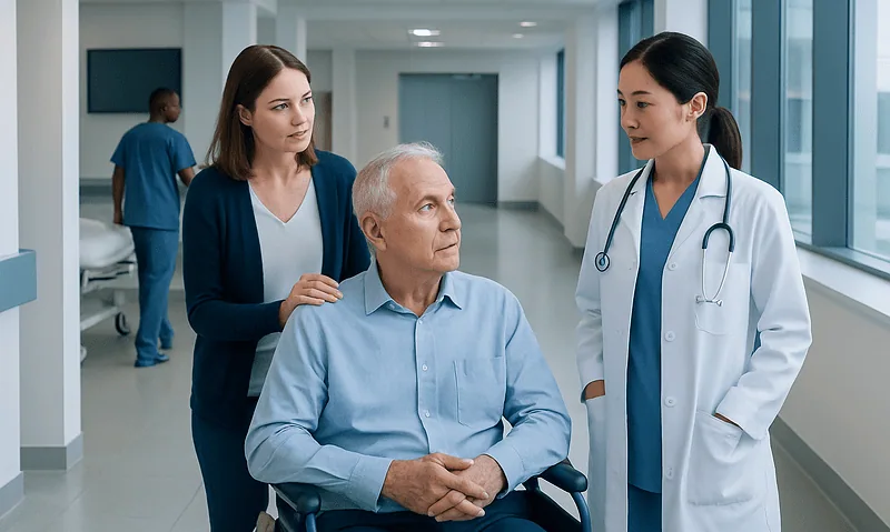 Hospital staff discussing patient care in a modern hospital corridor.
