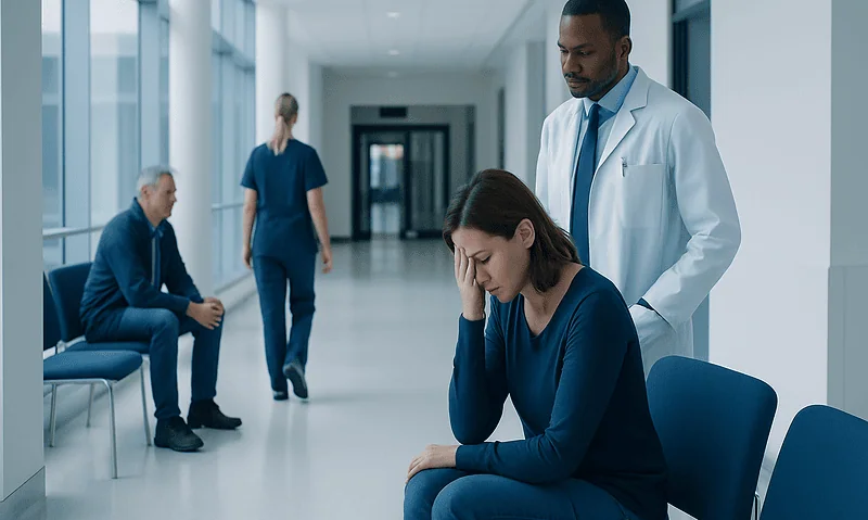 Healthcare professional comforting a distressed woman in hospital corridor.