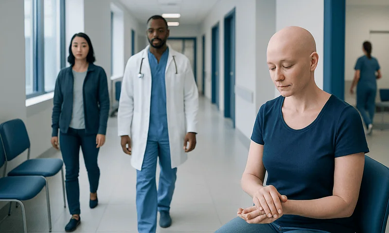 Cancer patient with healthcare team in hospital corridor.