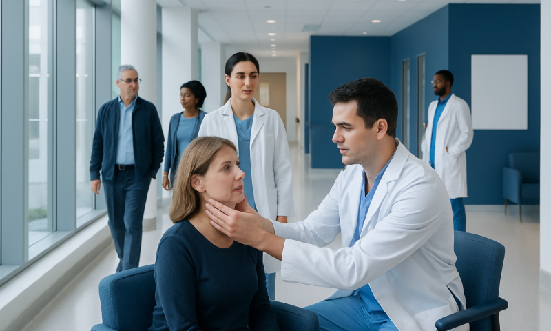 Doctor examining patient's throat in a hospital corridor with medical staff nearby.