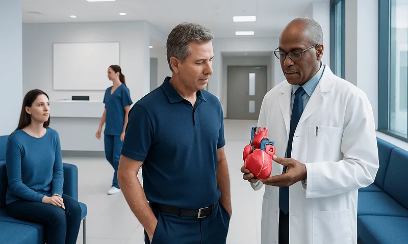 Doctor explaining heart model to patient in hospital corridor.