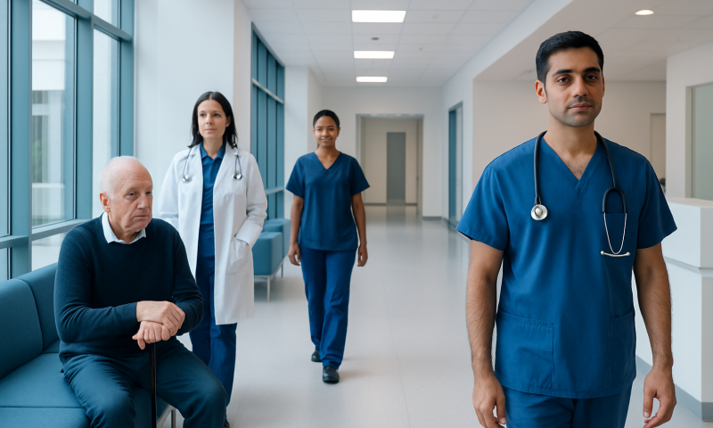 Medical team with patient in hospital corridor at Acibadem Hospitals Group.