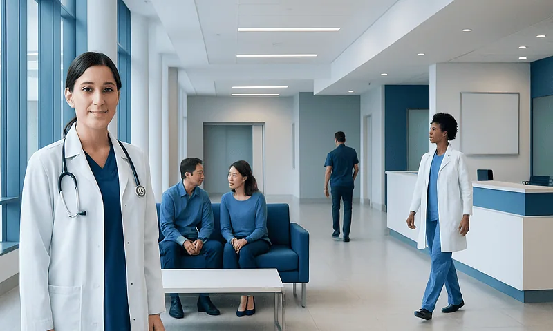 Modern hospital waiting area with healthcare professionals and patients.