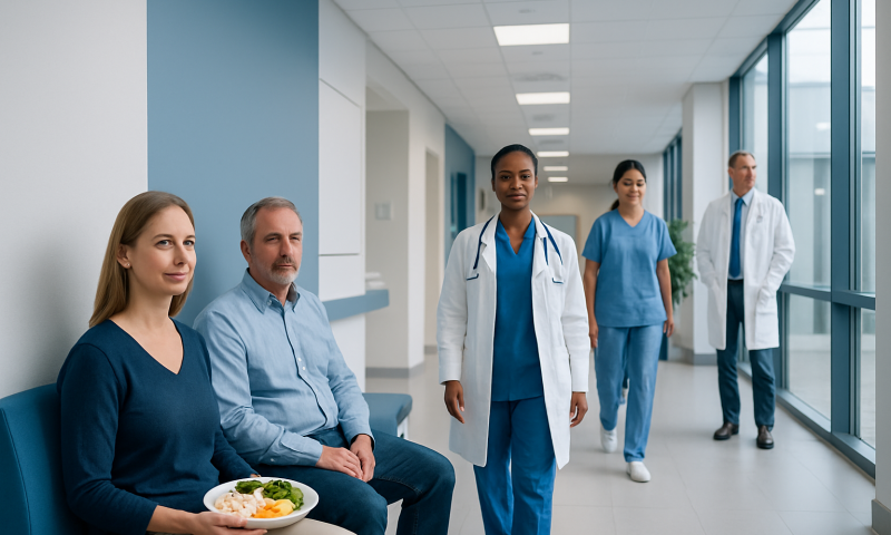 Diverse medical team in hospital corridor with patient.