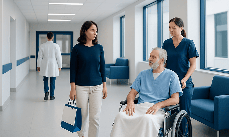 Hospital corridor with patient and healthcare staff in conversation.