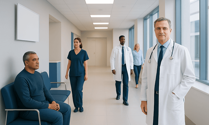 Medical team in hospital corridor with patient waiting area and doctors.