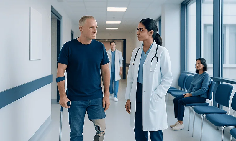 Patient with a prosthetic leg talking to a doctor in hospital corridor.