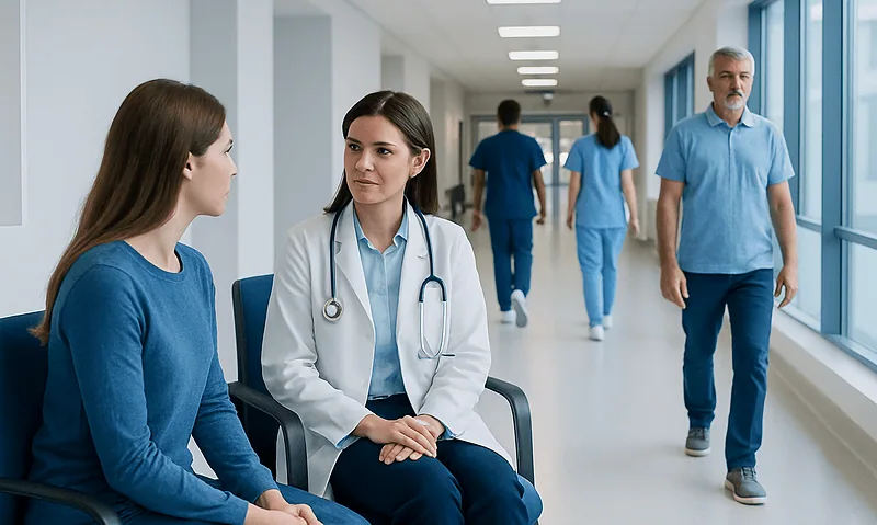 Medical consultation in hospital corridor with healthcare professionals and patients.