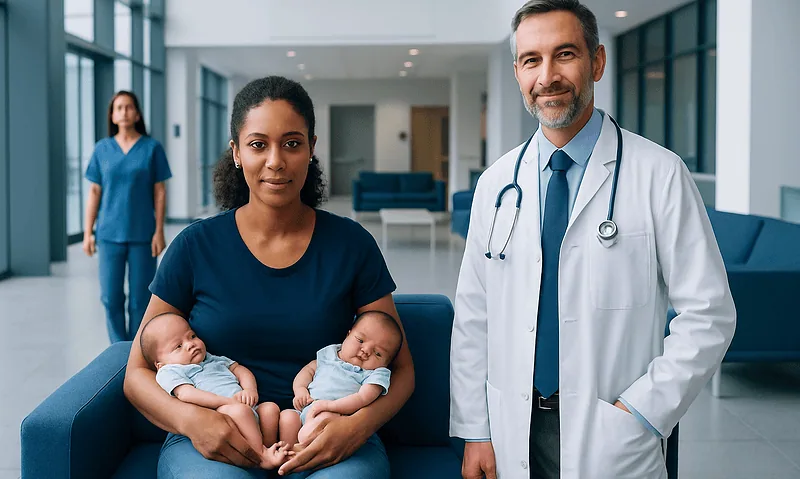 Mother with twins and doctor in hospital lobby.