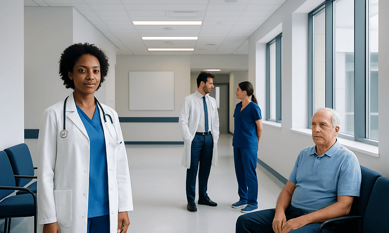 Medical team in hospital corridor with patient waiting area and staff in background.