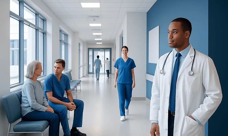 Medical professionals and patients in a modern hospital corridor.