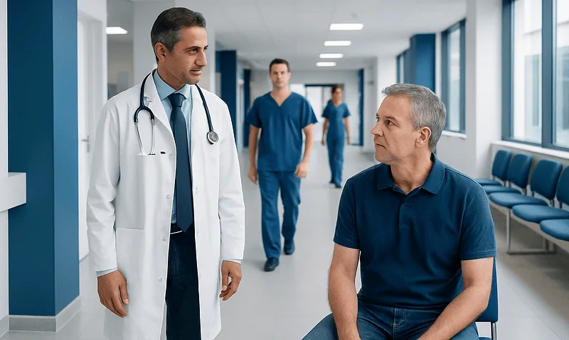 Doctor consulting with male patient in hospital corridor.