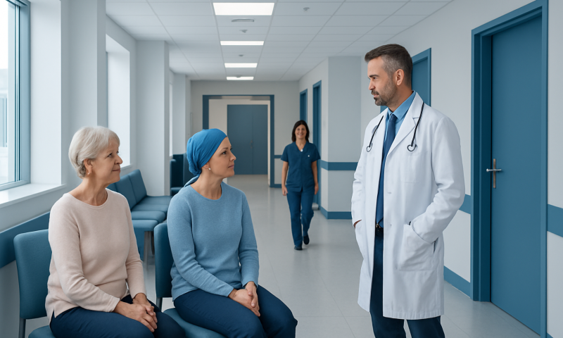 Doctor consulting with elderly female patients in hospital corridor.