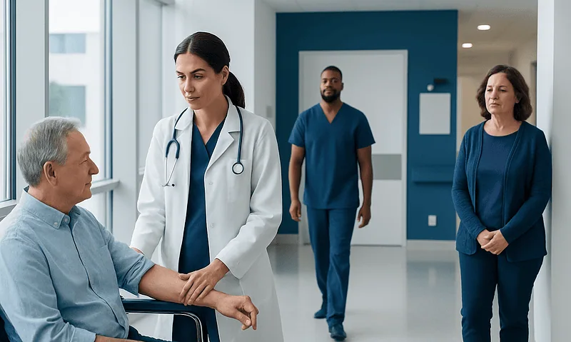 Doctor examining senior patient in hospital corridor with staff in background.