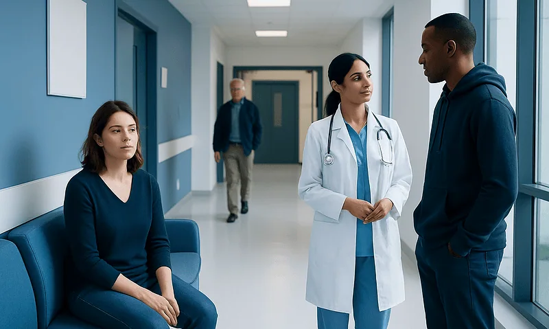 Medical team consulting with patient in hospital corridor.