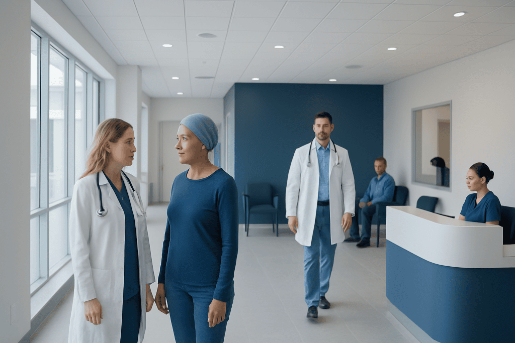 Ibc Treatment: How It Works, Results and What to Expect 1 Medical professionals and patient in a modern hospital corridor.