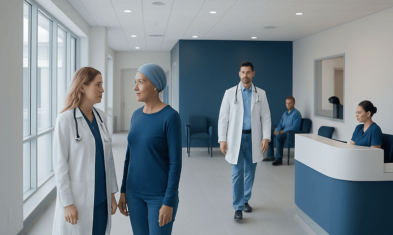 Medical professionals and patient in a modern hospital corridor.