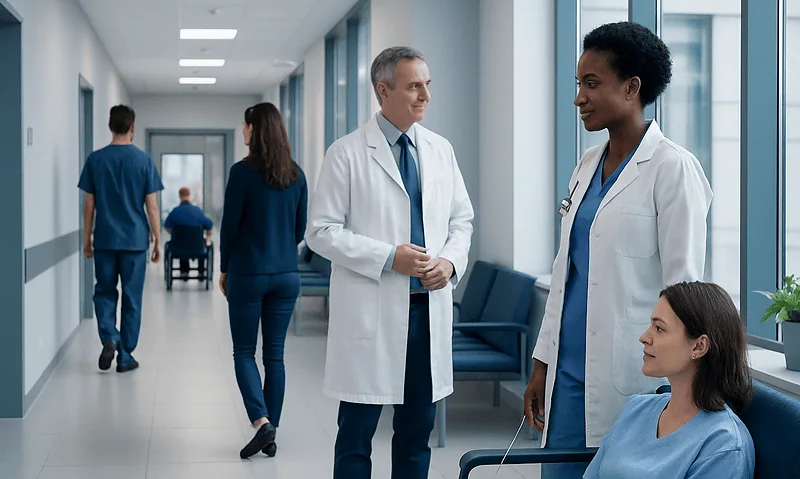 Medical team consulting in hospital corridor with patients and staff.