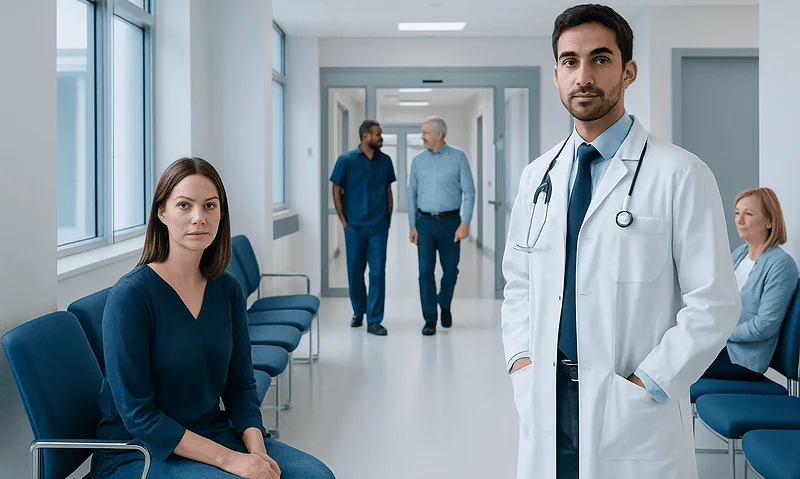 Medical team in hospital corridor with patients and doctors.