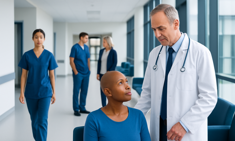 Doctor consulting a patient in a hospital corridor with medical staff in the background.