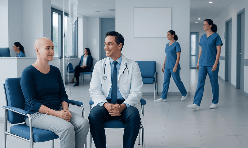 Patient consulting with doctor in hospital waiting area.