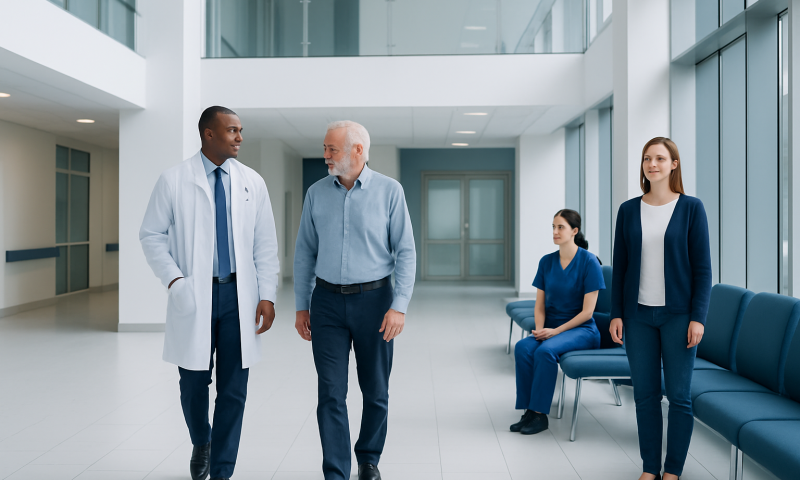 Medical professionals and patient in a modern hospital lobby.
