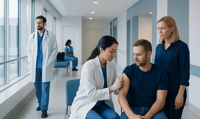 Medical professional administering tetanus vaccine to patient in hospital.