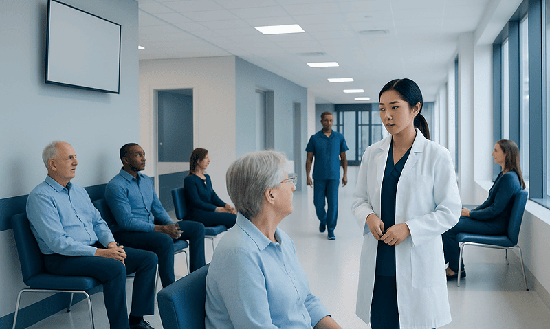 Medical consultation in a hospital corridor with diverse patients and healthcare professionals.