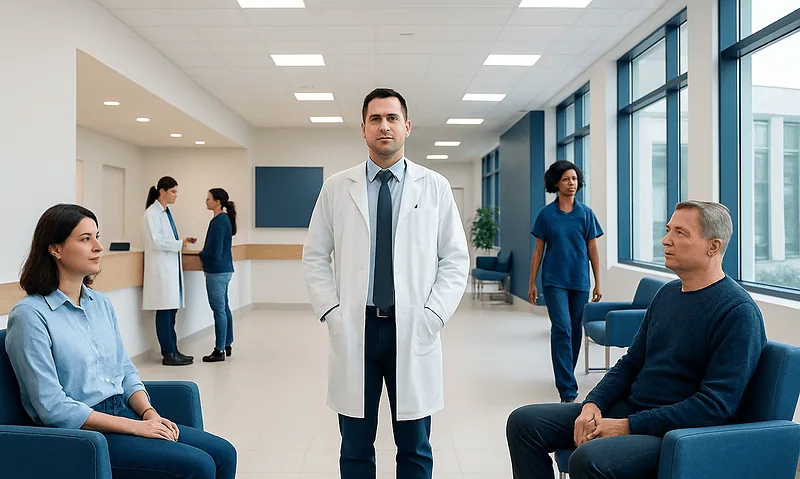 Medical consultation in a modern hospital waiting area with doctors and patients.