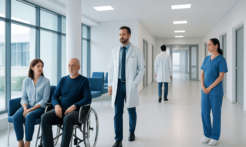 Medical team consulting with patient in hospital corridor.