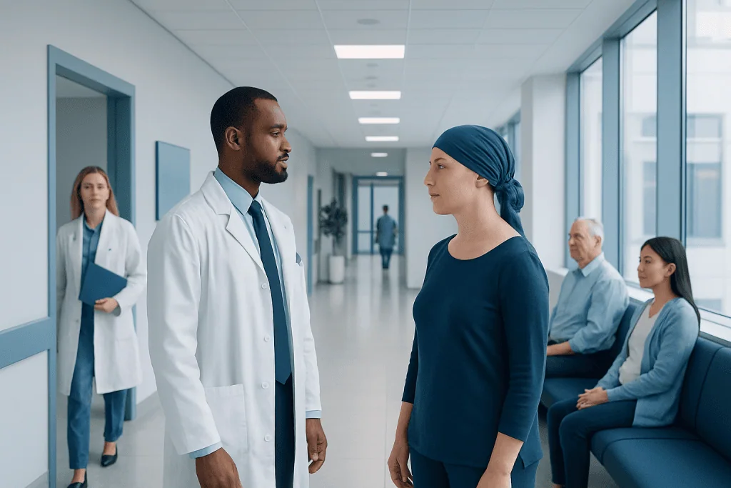 Integrative Cancer Treatment: How It Works, Results and What to Expect 1 Doctor talking to patient in hospital corridor with waiting area.