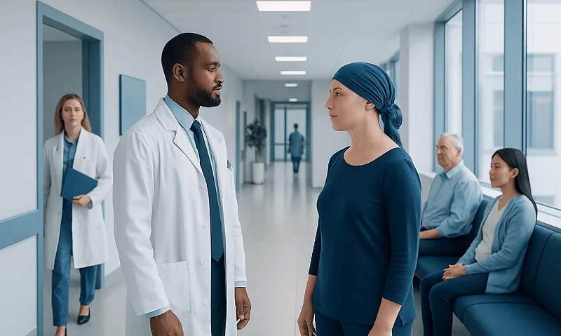 Doctor talking to patient in hospital corridor with waiting area.