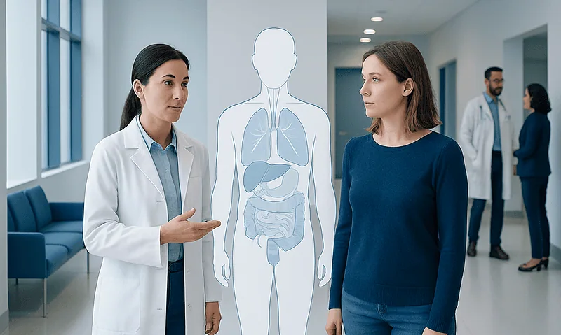 Doctor explaining internal radiation therapy to a patient in a hospital corridor.