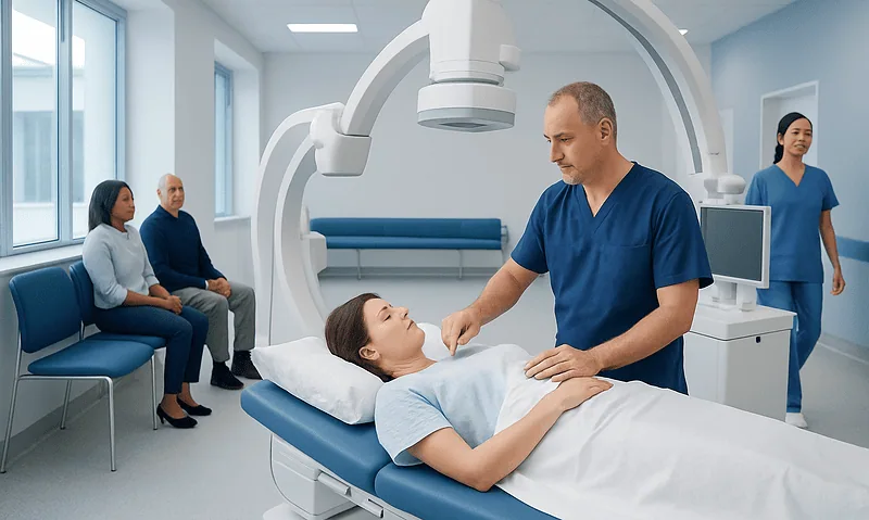Interventional radiology procedure in a modern hospital setting with medical staff and patient.