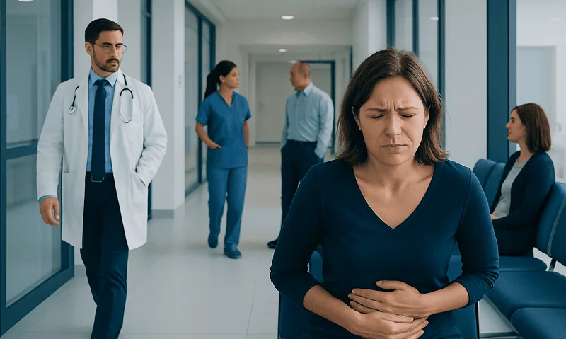 Woman experiencing stomach pain in hospital corridor with medical staff nearby.