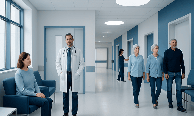 Medical staff and patients in a modern hospital corridor.