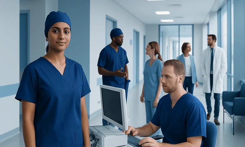 Medical team in hospital corridor with healthcare professionals and patient.