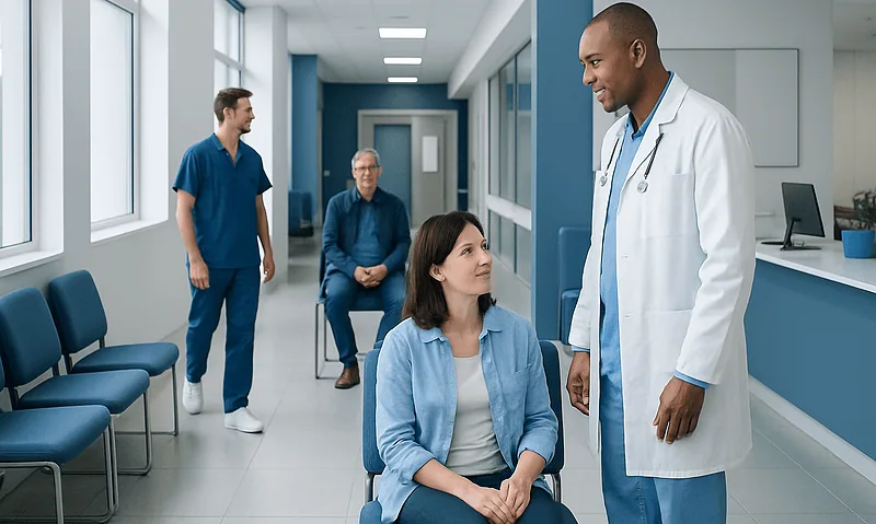 Doctor consulting a patient in a hospital corridor with medical staff nearby.
