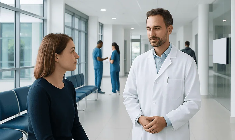 Doctor consulting with a patient in a modern hospital corridor.