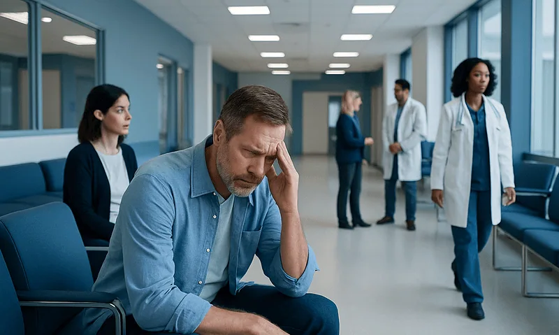 Man in hospital waiting area appears distressed and worried.