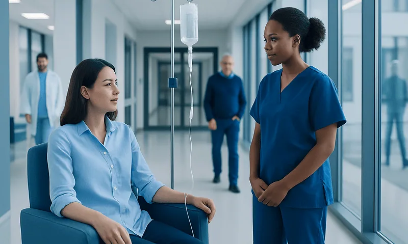 Patient receiving IV therapy in a hospital corridor with medical staff nearby.