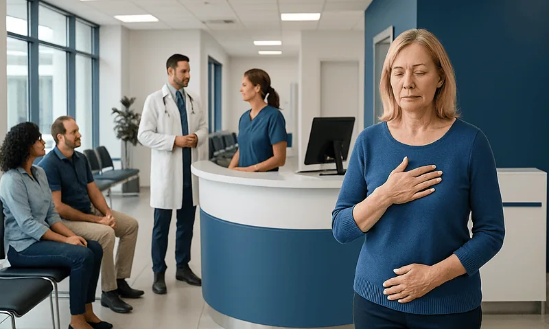 Woman experiencing chest pain in a hospital waiting area.