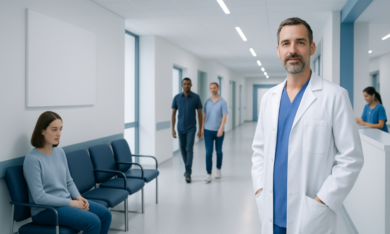 Healthcare professionals and patient in a modern hospital corridor.