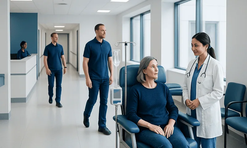 Hospital staff attending to a patient in a modern medical facility.