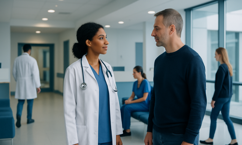Doctor and patient having a conversation in hospital corridor.