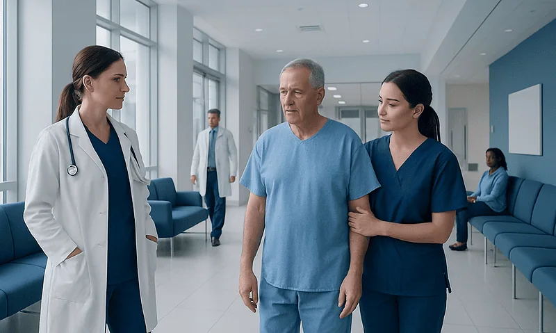 Medical team discussing patient care in hospital corridor.