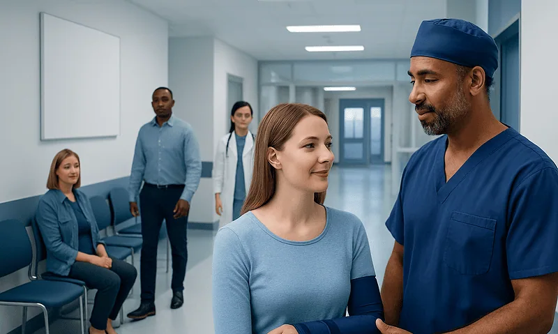 Doctor consulting a patient in a hospital corridor with staff in the background.
