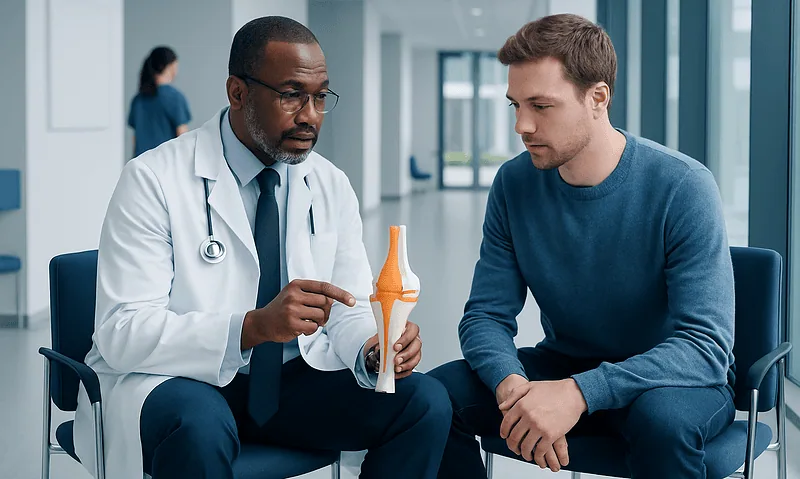 Orthopedic doctor explaining kneecap surgery to patient in clinic.