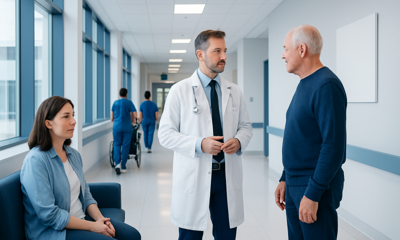 Doctor consulting with elderly patient in hospital corridor.